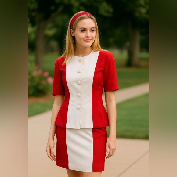 NWT CHRISTIAN DIOR Vintage Made in USA Red White Skirt & Jacket Power Suit - Picture 1 of 10
